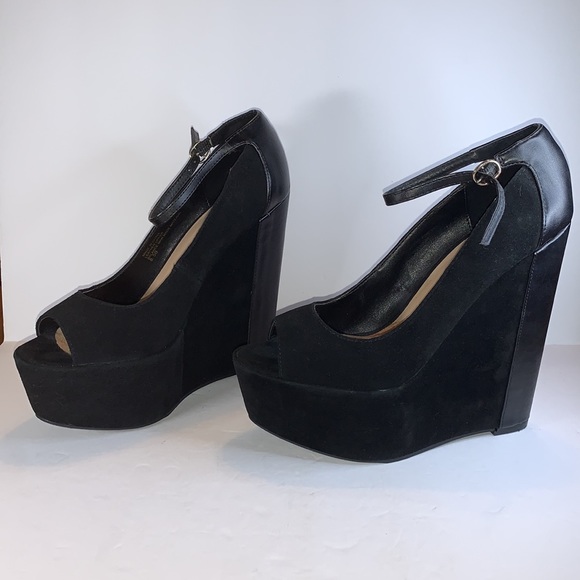 8.5 H By Halston 6 Inch Leather Heeled Ankle Strap Suede Wedges Vintage - Picture 6 of 16